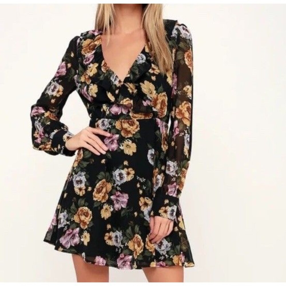 Lulus Women’s Love Abound Black Floral Print Long Sleeve Dress Sz S